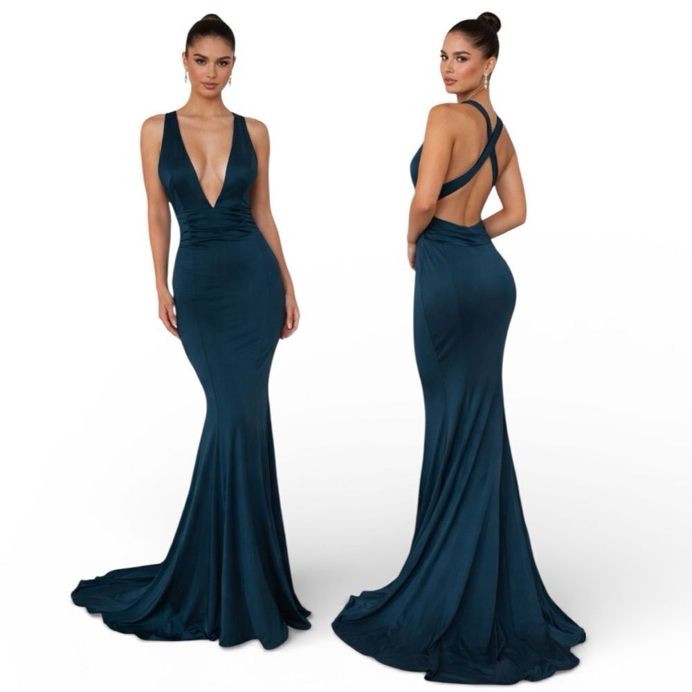 Alamour The Label Teal Plunge Mermaid Gown Prom Dress NWT S
